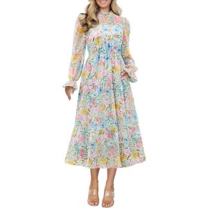 imageANRABESS Womens Fall Vacation Guest Dress 2025 Long Sleeve Mock Neck Mesh Floral Boho Flowy Casual Tea Party Midi DressesFloral Blue Pink