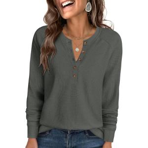 imageANRABESS Womens Long Sleeve Waffle Knit Shirts Dressy Casual Loose Button Up V Neck Henley Tops 2025 Fall Basic Tee BlouseDeep Army Green
