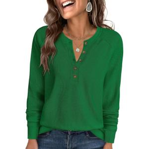 imageANRABESS Womens Long Sleeve Waffle Knit Shirts Dressy Casual Loose Button Up V Neck Henley Tops 2025 Fall Basic Tee BlouseGreen