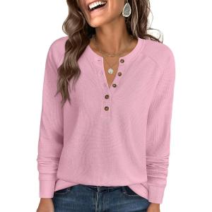 imageANRABESS Womens Long Sleeve Waffle Knit Shirts Dressy Casual Loose Button Up V Neck Henley Tops 2025 Fall Basic Tee BlouseLight Pink