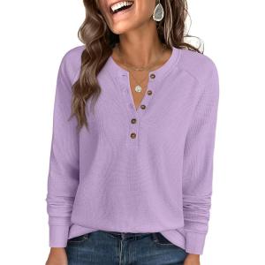 imageANRABESS Womens Long Sleeve Waffle Knit Shirts Dressy Casual Loose Button Up V Neck Henley Tops 2025 Fall Basic Tee BlouseLight Purple