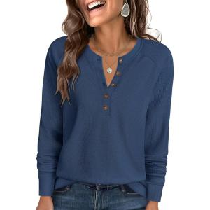 imageANRABESS Womens Long Sleeve Waffle Knit Shirts Dressy Casual Loose Button Up V Neck Henley Tops 2025 Fall Basic Tee BlouseNavy Blue