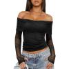 imageANRABESS Off Shoulder Tops for Women Mesh Long Sleeve Floral Lace Slim Fit Blouses Shirts 2025 Y2K Going Out Fall ClothesBlack Leaf