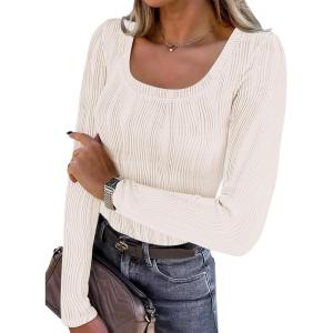 imageANRABESS Long Sleeve Shirts for Women Scoop Neck Tops 2025 Fall Trendy Casual Knit Slim Fit Textured BlousesBeige