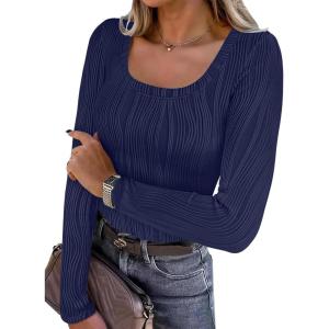 imageANRABESS Long Sleeve Shirts for Women Scoop Neck Tops 2025 Fall Trendy Casual Knit Slim Fit Textured BlousesNavy Blue