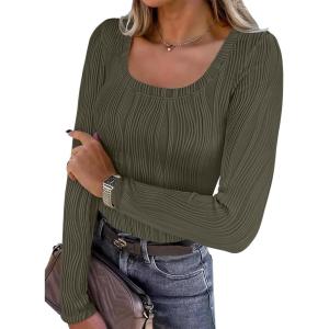 imageANRABESS Long Sleeve Shirts for Women Scoop Neck Tops 2025 Fall Trendy Casual Knit Slim Fit Textured BlousesOlive
