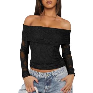 imageANRABESS Off Shoulder Tops for Women Mesh Long Sleeve Floral Lace Slim Fit Blouses Shirts 2025 Y2K Going Out Fall ClothesBlack Floral