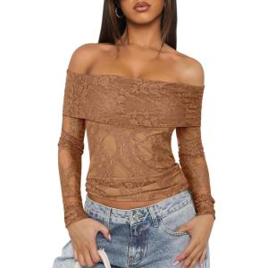 imageANRABESS Off Shoulder Tops for Women Mesh Long Sleeve Floral Lace Slim Fit Blouses Shirts 2025 Y2K Going Out Fall ClothesBrown Floral