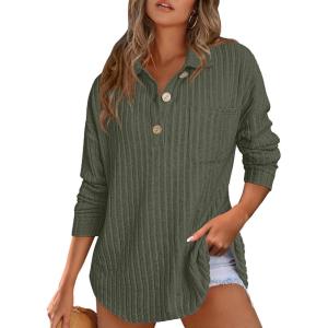 imageANRABESS Women Long Sleeve Henley Shirts Ribbed Knit Lightweight Sweaters Business Casual Work Tops 2025 Fall Trendy OutfitsDeep Green