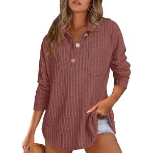imageANRABESS Women Long Sleeve Henley Shirts Ribbed Knit Lightweight Sweaters Business Casual Work Tops 2025 Fall Trendy OutfitsRust