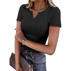 imageANRABESS Women Short Sleeve Tops V Neck Rib Knit Slim Fit Shirts Basic Tee 2025 Summer Casual TShirt Outfits ClothesBlack