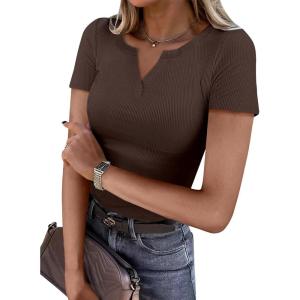 imageANRABESS Women Short Sleeve Tops V Neck Rib Knit Slim Fit Shirts Basic Tee 2025 Summer Casual TShirt Outfits ClothesCoffee