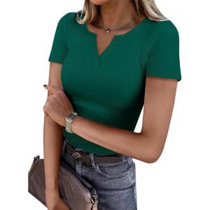 imageANRABESS Women Short Sleeve Tops V Neck Rib Knit Slim Fit Shirts Basic Tee 2025 Summer Casual TShirt Outfits ClothesDeep Green