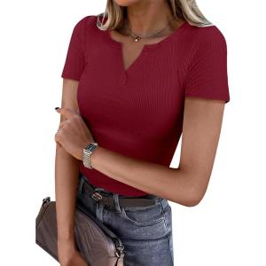 imageANRABESS Women Short Sleeve Tops V Neck Rib Knit Slim Fit Shirts Basic Tee 2025 Summer Casual TShirt Outfits ClothesDeep Red