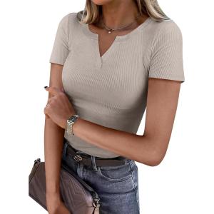 imageANRABESS Women Short Sleeve Tops V Neck Rib Knit Slim Fit Shirts Basic Tee 2025 Summer Casual TShirt Outfits ClothesGrey Khaki