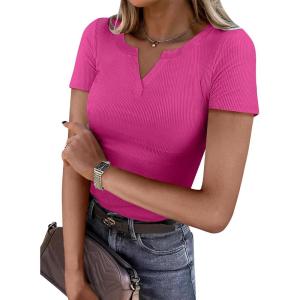 imageANRABESS Women Short Sleeve Tops V Neck Rib Knit Slim Fit Shirts Basic Tee 2025 Summer Casual TShirt Outfits ClothesHot Pink