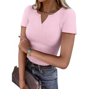 imageANRABESS Women Short Sleeve Tops V Neck Rib Knit Slim Fit Shirts Basic Tee 2025 Summer Casual TShirt Outfits ClothesLight Pink