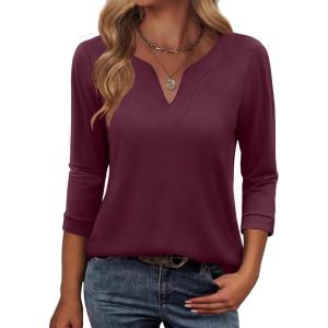 imageANRABESS Womens 34 Length Sleeve Tops V Neck Basic Tee Shirts 2025 Spring Summer Dressy Casual Tunic Blouses OutfitsBurgundy