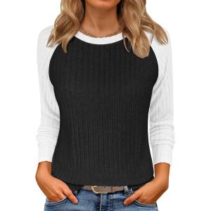 imageANRABESS Womens Long Sleeve Tops Ribbed Knit Color Block Shirts Lightweight Sweaters 2025 Fall Outfits BlousesBlack White