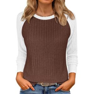 imageANRABESS Womens Long Sleeve Tops Ribbed Knit Color Block Shirts Lightweight Sweaters 2025 Fall Outfits BlousesBrown White