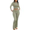 imageANRABESS Women 2 Piece Outfits Fall Lounge Sets Long Sleeve Cropped Top Fold Over Flare Pants Comfy Pajamas Set Y2K ClothesArmy Green