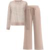 imageANRABESS Womens 2 Piece Outfits Crochet Sheer Knit Sweater Top Wide Leg Pants Lounge Sets Sweatsuit 2025 Fall Travel ClothesLight Brown