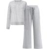 imageANRABESS Womens 2 Piece Outfits Crochet Sheer Knit Sweater Top Wide Leg Pants Lounge Sets Sweatsuit 2025 Fall Travel ClothesLight Grey