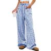 imageANRABESS Womens Striped Gingham Pants 2025 Pajama Drawstring Wide Leg Lounge Plaid Pants Cute Casual Trousers with PocketsBlue White Plaid