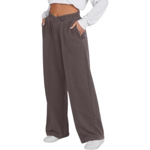 imageANRABESS Women Asymmetric High Waist Wide Straight Leg Sweatpants with Pockets 2024 Fall Trendy Sweat Jogger PantsPure Brown