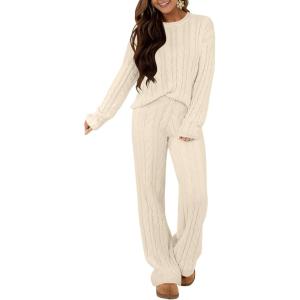 imageANRABESS Womens Fuzzy Fleece Pajama Set 2 Piece Outfits Lounge Knit Oversized Sweater Pj Sets 2025 Fall Winter LoungewearBeige