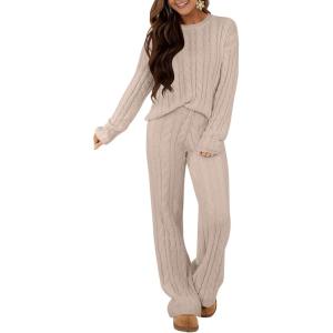 imageANRABESS Womens Fuzzy Fleece Pajama Set 2 Piece Outfits Lounge Knit Oversized Sweater Pj Sets 2025 Fall Winter LoungewearLight Khaki