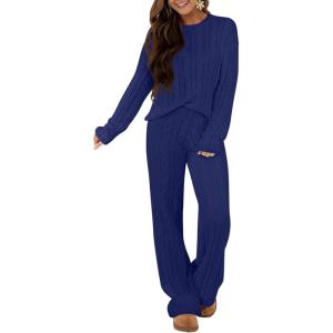 imageANRABESS Womens Fuzzy Fleece Pajama Set 2 Piece Outfits Lounge Knit Oversized Sweater Pj Sets 2025 Fall Winter LoungewearNavy Blue