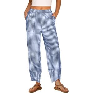 imageANRABESS Womens Gingham Striped Palazzo Pants Wide Leg Pajama Lounge Crop Pants Plaid PJ Bottoms Casual Trousers with PocketsBlue White Plaid