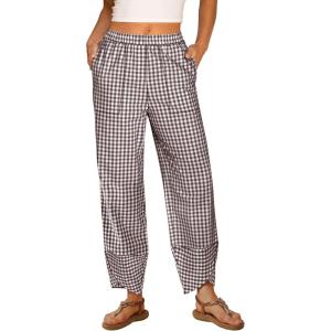 imageANRABESS Womens Gingham Striped Palazzo Pants Wide Leg Pajama Lounge Crop Pants Plaid PJ Bottoms Casual Trousers with PocketsBrown White Plaid