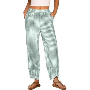 imageANRABESS Womens Gingham Striped Palazzo Pants Wide Leg Pajama Lounge Crop Pants Plaid PJ Bottoms Casual Trousers with PocketsGreen White Plaid