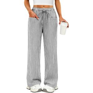 imageANRABESS Womens Striped Gingham Pants 2025 Pajama Drawstring Wide Leg Lounge Plaid Pants Cute Casual Trousers with PocketsBlack White Stripe