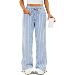 imageANRABESS Womens Striped Gingham Pants 2025 Pajama Drawstring Wide Leg Lounge Plaid Pants Cute Casual Trousers with PocketsBlue White Stripe