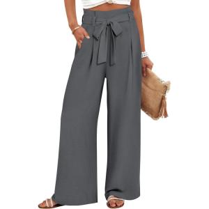 imageANRABESS Womens Wide Leg Palazzo Pants Belted High Waisted Business Casual Flowy Long Trousers with PocketsSmoky Grey