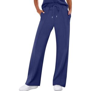 imageANRABESS Womens Wide Leg Sweatpants High Waist Baggy Flared Pants Drawstring Athletic Joggers Sweat PantsNavy Blue