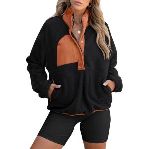imageANRABESS Women Fuzzy Fleece Pullover Sherpa Sweatshirt Long Sleeve Button Down Warm Soft Color Block Jackets with PocketsBlack