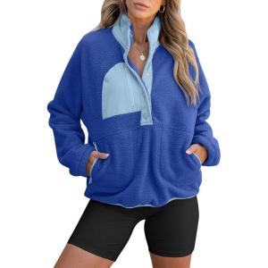 imageANRABESS Women Fuzzy Fleece Pullover Sherpa Sweatshirt Long Sleeve Button Down Warm Soft Color Block Jackets with PocketsBlue Mixed