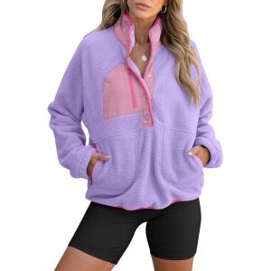 imageANRABESS Women Fuzzy Fleece Pullover Sherpa Sweatshirt Long Sleeve Button Down Warm Soft Color Block Jackets with PocketsPurple