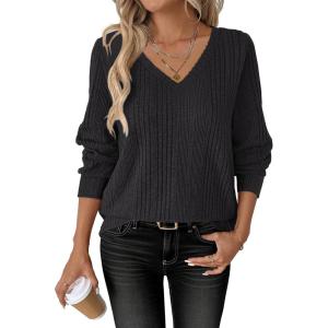 imageANRABESS Womens V Neck Sweaters 2025 Fall Long Sleeve Shirts Lightweight Ribbed Knit Basic Casual Office Work Tunic TopsBlack