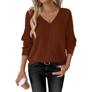 imageANRABESS Womens V Neck Sweaters 2025 Fall Long Sleeve Shirts Lightweight Ribbed Knit Basic Casual Office Work Tunic TopsBurnt Orange