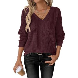 imageANRABESS Womens V Neck Sweaters 2025 Fall Long Sleeve Shirts Lightweight Ribbed Knit Basic Casual Office Work Tunic TopsDeep Red