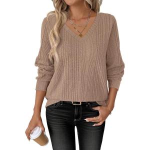 imageANRABESS Womens V Neck Sweaters 2025 Fall Long Sleeve Shirts Lightweight Ribbed Knit Basic Casual Office Work Tunic TopsKhaki