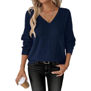 imageANRABESS Womens V Neck Sweaters 2025 Fall Long Sleeve Shirts Lightweight Ribbed Knit Basic Casual Office Work Tunic TopsNavy Blue
