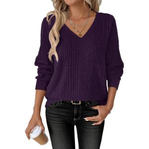 imageANRABESS Womens V Neck Sweaters 2025 Fall Long Sleeve Shirts Lightweight Ribbed Knit Basic Casual Office Work Tunic TopsPurple