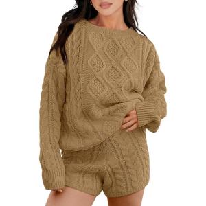 imageANRABESS Women 2 Piece Outfits Sweater Lounge Loungewear Sets 2025 Winter Cable Knit Oversized Sweaters Shorts Matching SetsKhaki