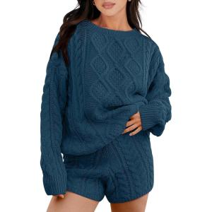 imageANRABESS Women 2 Piece Outfits Sweater Lounge Loungewear Sets 2025 Winter Cable Knit Oversized Sweaters Shorts Matching SetsTeal